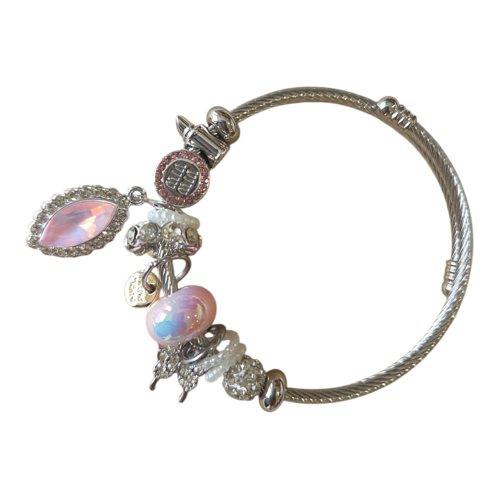 Charm Armbänder Damenarmband aus Edelstahl – Gliederarmband mit Perlen und Kristall-Anhänger